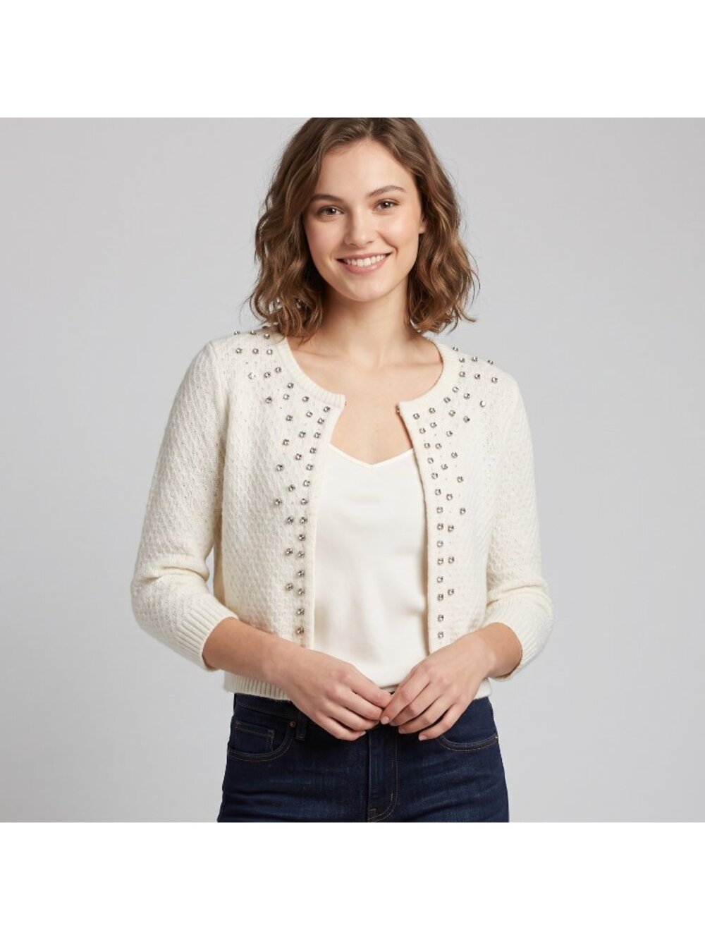 Jacob Women's White Textured Open Cardigan Sweater with Rhinestones in size M